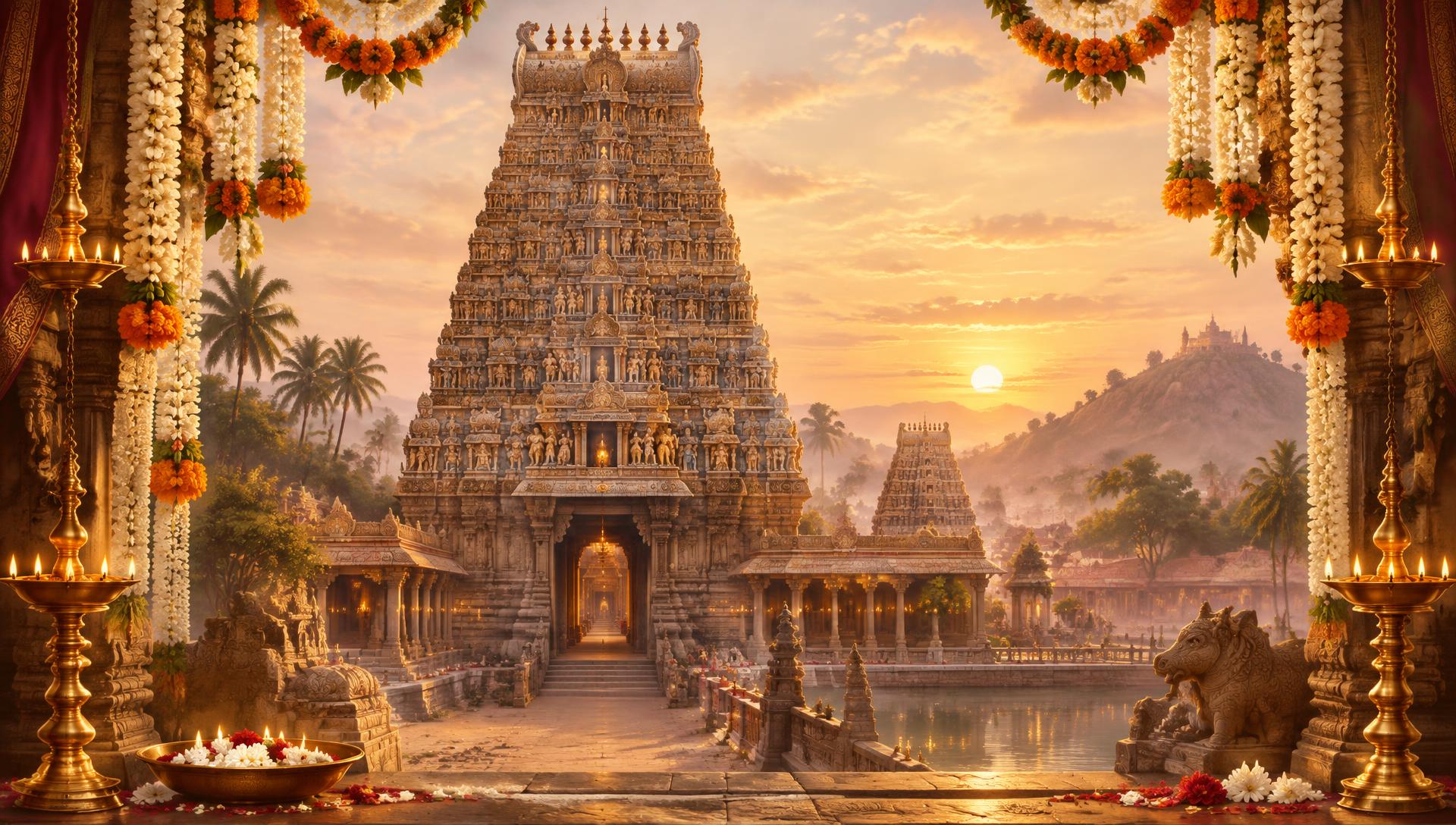 A South Indian temple gopuram at dawn framed by jasmine and marigold garlands